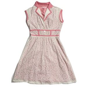White Pink Eyelet Lace Collared Mini Dress Coquette Summer Betsey Johnson